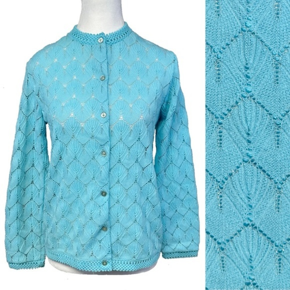 Vintage 70s Blue Pointelle‎ Zigzag Knit Cardigan Sweater Mod Secretary Japan Med